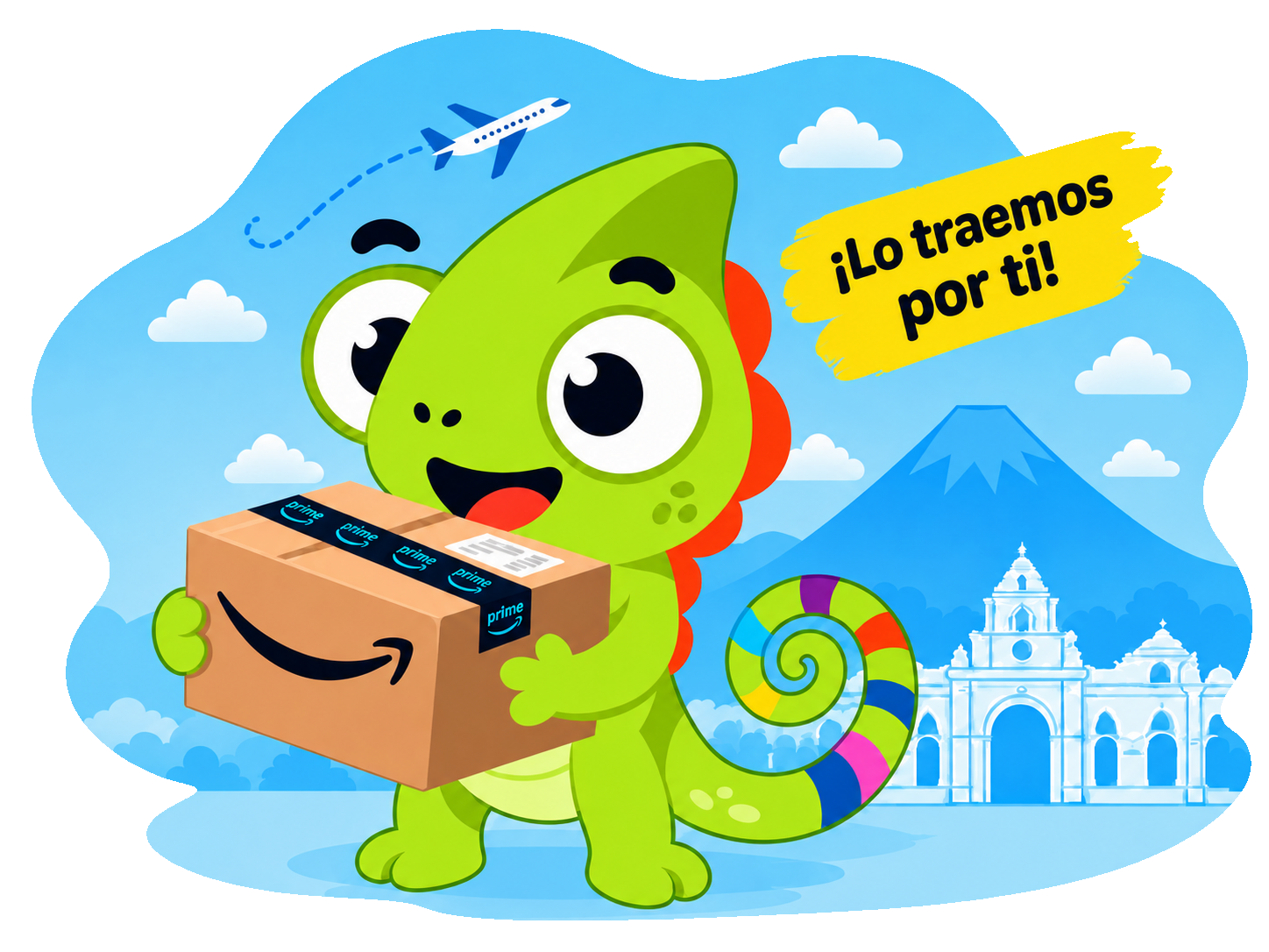 Ilustración de Mombii llevando un paquete de Amazon a Guatemala: ¡Lo traemos para ti!